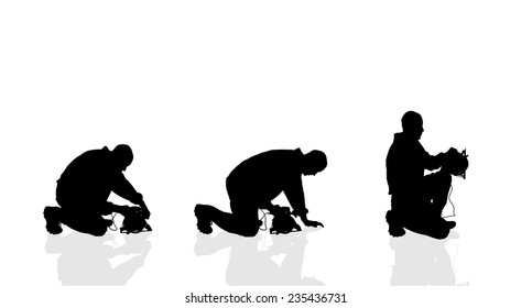 Vector silhouette of a man with a sawmill on a white background.