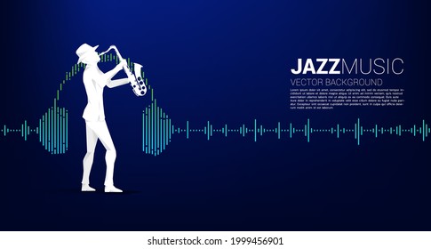 Vector silhouette of man and saxophone standing with headphone Music Equalizer background. Concept background for  classic music concert and recreation.
