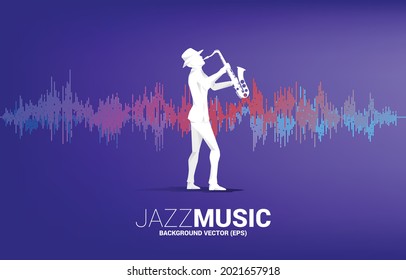Vector silhouette of man and saxophone standing with Music Equalizer background. Concept background for  classic music concert and recreation.