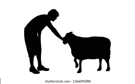 Vector silhouette of man with sheep on white background. Symbol of animal and friendship.