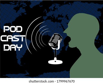 vector silhouette of a man shouting in front of the mic on a world map background depicting podcast activities, can be used as a world podcast day greeting card
