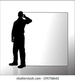 Vector silhouette of a man with a sign for text.