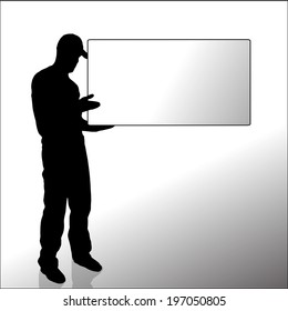 Vector silhouette of a man with a sign for text.
