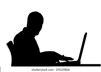 Vector silhouette of a man sitting at a computer on a white background.