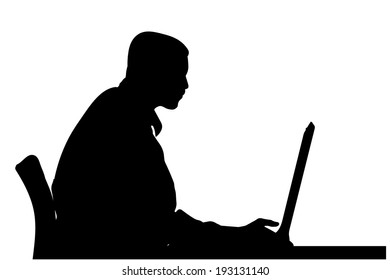 Vector silhouette of a man sitting at a computer on a white background.