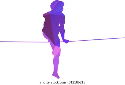 Vector silhouette of a man sitting on a rope, ready to stand up. Colorful triangles over white background.