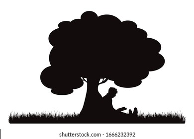 Vektorillustration Silhouette von Mann sitzend unter Baum und lesen Buch auf weißem Hintergrund. Symbol der Natur und Ruhe.
