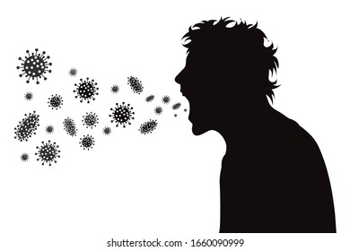Vector silhouette of man spreading bacteria on white background. Symbol of disease and coronavirus.