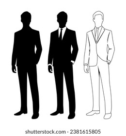 Vector silhouette of man  standing, business people, linear sketch, black color,  isolated on white background