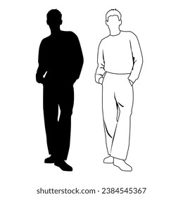 Vector silhouette of man  standing, business people, linear sketch, black color,  isolated on white background