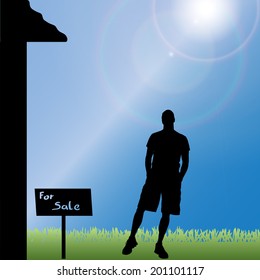 Vector silhouette of a man standing in front of the house.