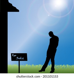 Vector silhouette of a man standing in front of the house.