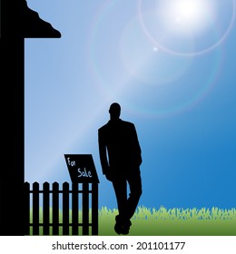 Vector silhouette of a man standing in front of the house.