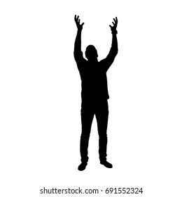 Vector silhouette of a man standing with hands raised, black color, isolated on white background