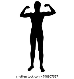 Vector silhouette of man standing, hands raised up,  black color, isolated on white background