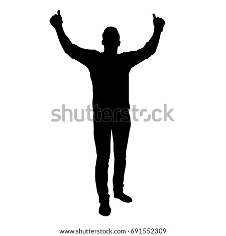 Vector silhouette of a man standing with hands raised, black color, isolated on white background