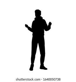 Vector silhouette of a man standing with his hands raised, black color, isolated on a white background