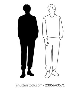 Vektor-Silhouette vom Menschen stehend, Linearskizze, Geschäftsleute, schwarze Farbe einzeln auf weißem Hintergrund