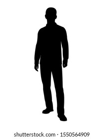 Vector silhouette of man standing, men in jeans and shirt people, black color, isolated on white background