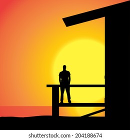 Vector silhouette of a man standing on the terrace.