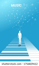 Vector silhouette of man standing with piano key with flying music note . Concept background piano music and recreation.
