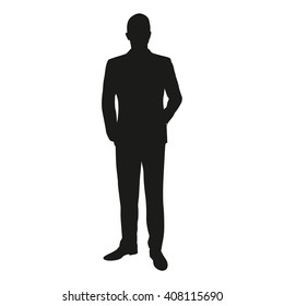 Vector silhouette of a man standing in a suit at the lecture. Businessman, teacher, lawyer, merchant, dealer manager, engineer, politician, presenter, actor