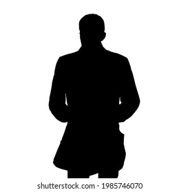 Silueta vectorial de un hombre con traje de pie, color negro aislado sobre fondo blanco.