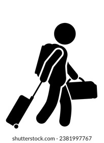 Vector silhouette of a man with a suitcase and bag on a white background.