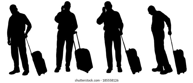 Vector silhouette of a man with a suitcase on a white background.