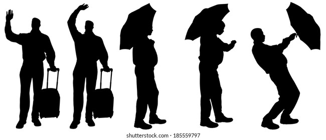 Vector silhouette of a man with a suitcase on a white background.