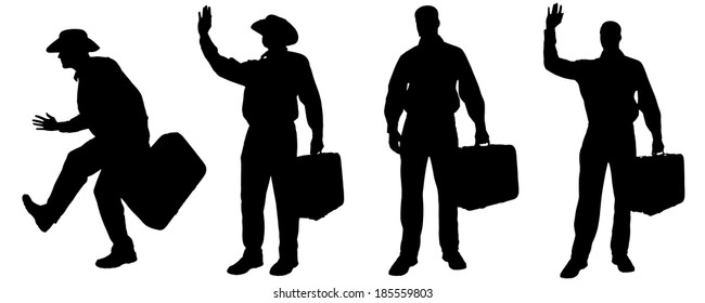 Vector silhouette of a man with a suitcase on a white background.
