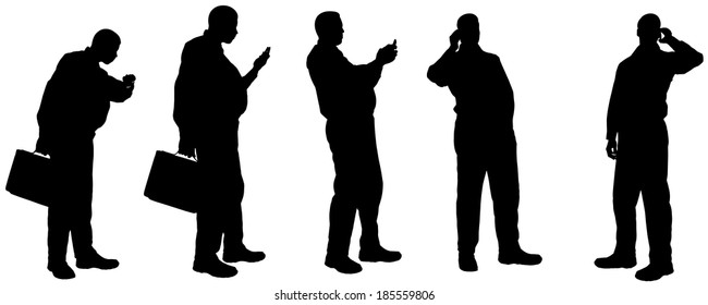 Vector silhouette of a man with a suitcase on a white background.
