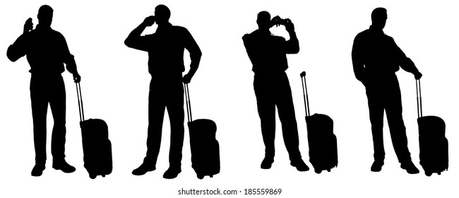 Vector silhouette of a man with a suitcase on a white background.