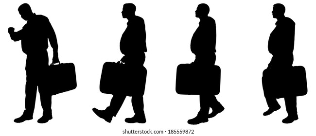 Vector silhouette of a man with a suitcase on a white background.