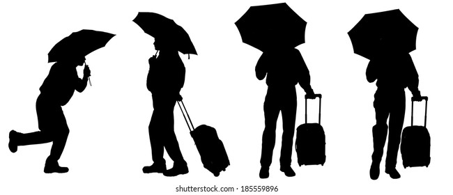 Vector silhouette of a man with a suitcase on a white background.