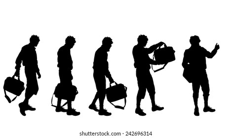 Vector silhouette of a man with a suitcase on a white background.