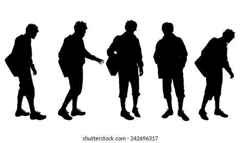 Vector silhouette of a man with a suitcase on a white background.