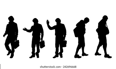 Vector silhouette of a man with a suitcase on a white background.
