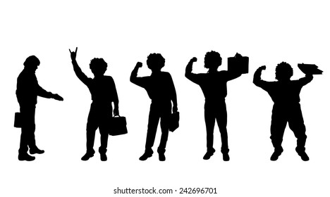 Vector silhouette of a man with a suitcase on a white background.