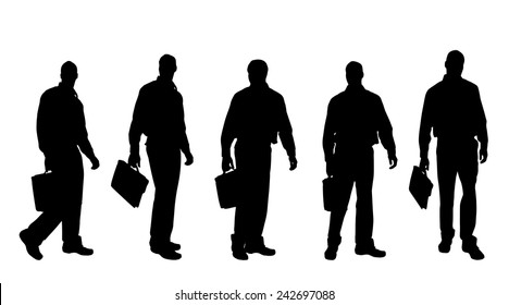 Vector silhouette of a man with a suitcase on a white background.