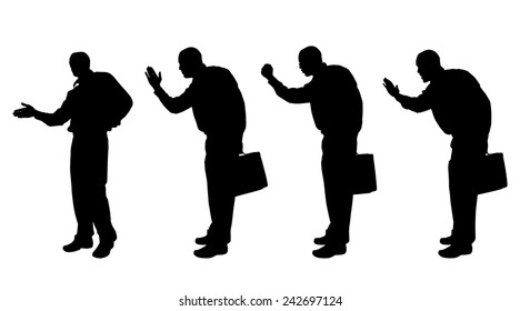Vector silhouette of a man with a suitcase on a white background.