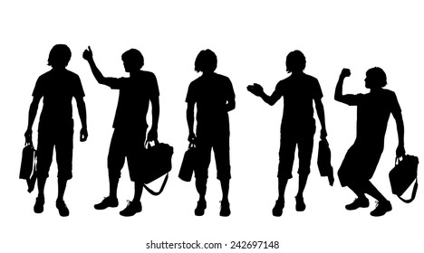 Vector silhouette of a man with a suitcase on a white background.