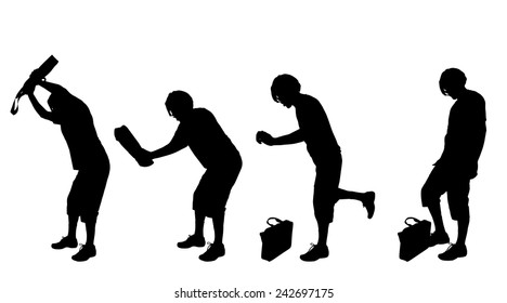 Vector silhouette of a man with a suitcase on a white background.