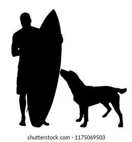 Vector silhouette of man with surf board and his dog on white background.