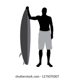 Vector silhouette of man with surf board on white background.