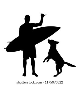 Vector silhouette of man with surf board and his dog on white background.