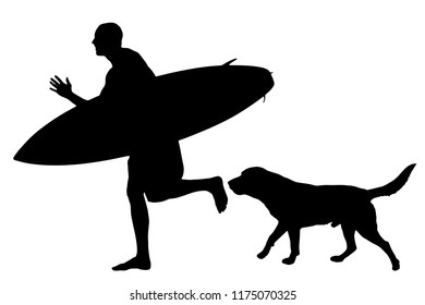 Vector silhouette of man with surf board and his dog on white background.