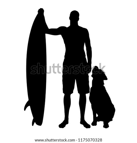 Vector silhouette of man with surf board and his dog on white background.