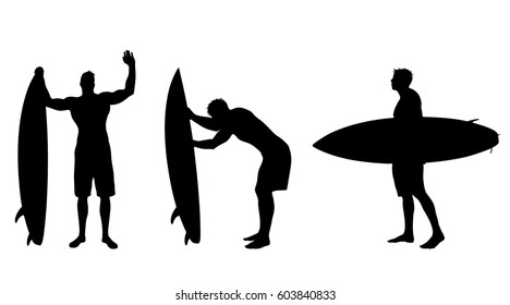 Vector silhouette of man with surf on white background.