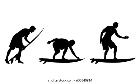 Vector silhouette of man with surf on white background.